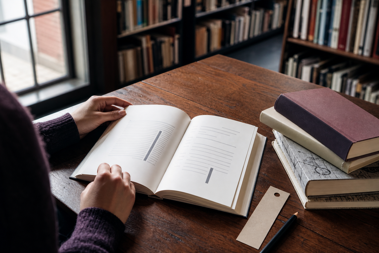 Lezer bladert door een open boek aan een houten bibliotheektafel