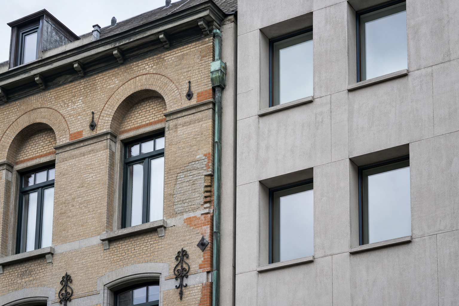 Historische bakstenen gevel sluit aan op een strakke moderne gevel