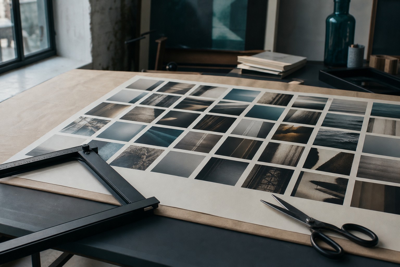 Contactvel met abstracte foto’s, een zwart kader en schaar op een werktafel
