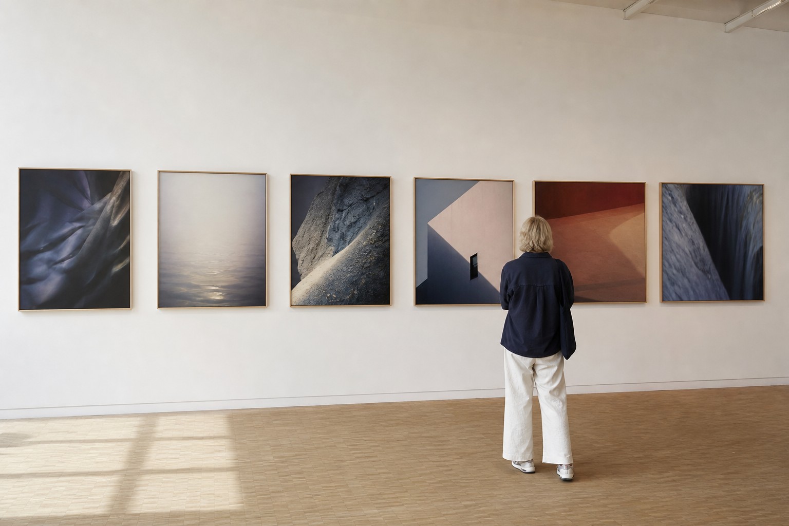 Bezoeker bekijkt een reeks ingelijste abstracte foto’s in een lichte galerie