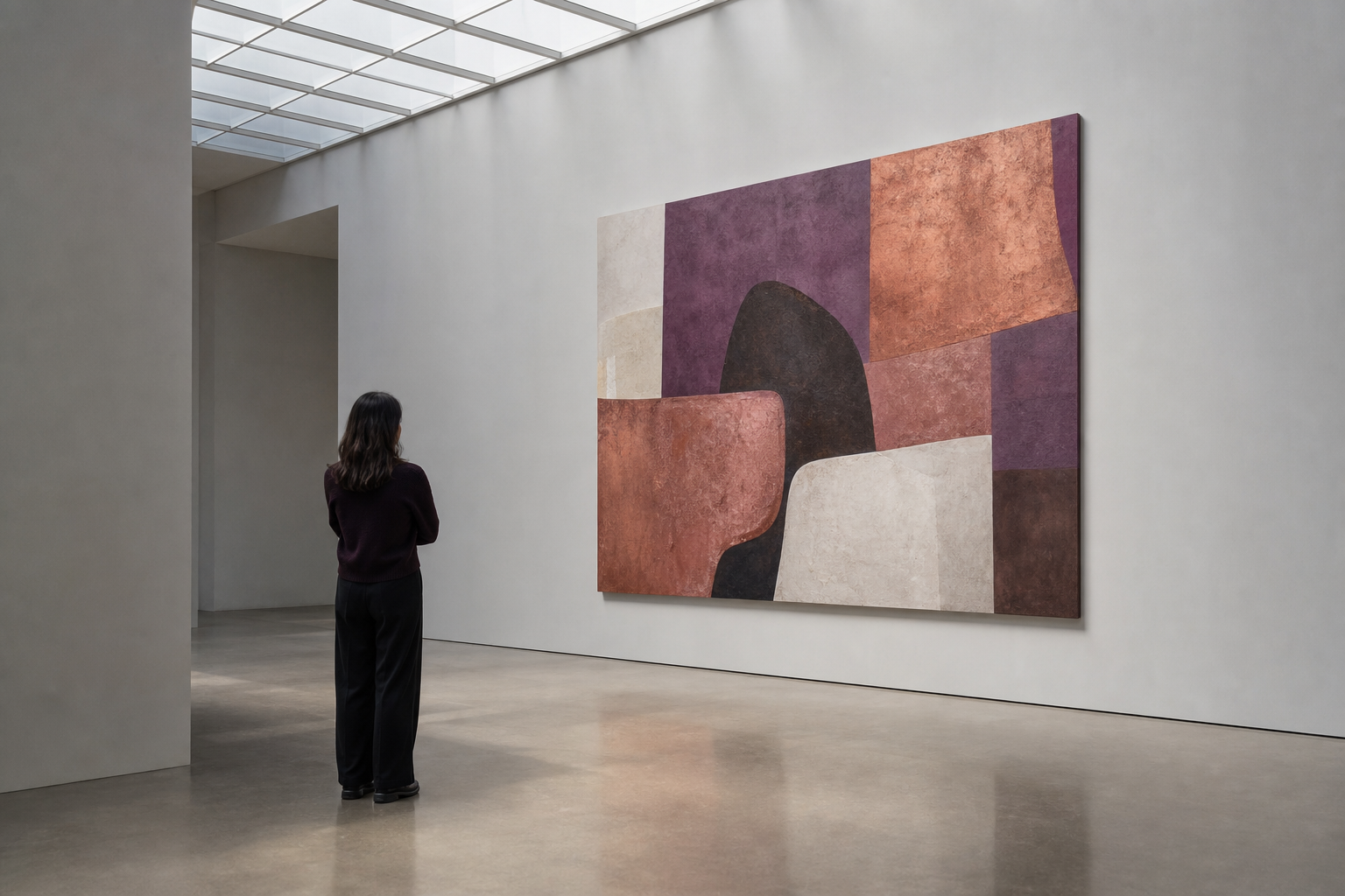 Bezoeker bekijkt rustig een groot abstract kunstwerk in een lichte museumzaal