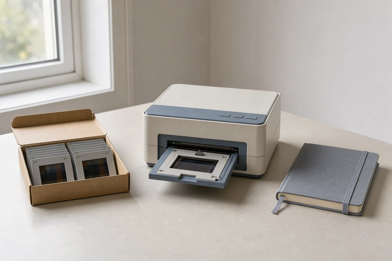 een kleine diacollectie naast een neutrale scanner op een opgeruimde tafel